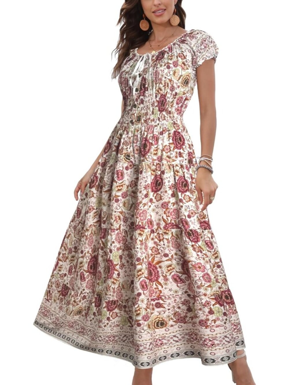 Women's White & Pink Boho Floral Flowy Tiered Short Sleeves Summer Maxi Dress